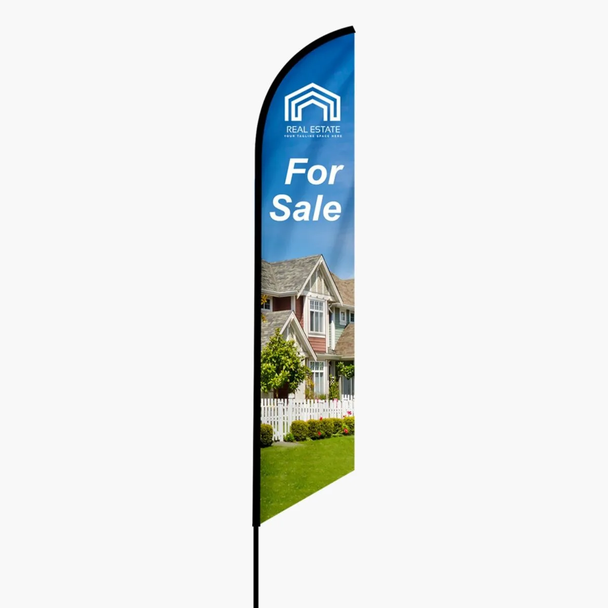 Custom printed feather flag with real estate branding and ground base