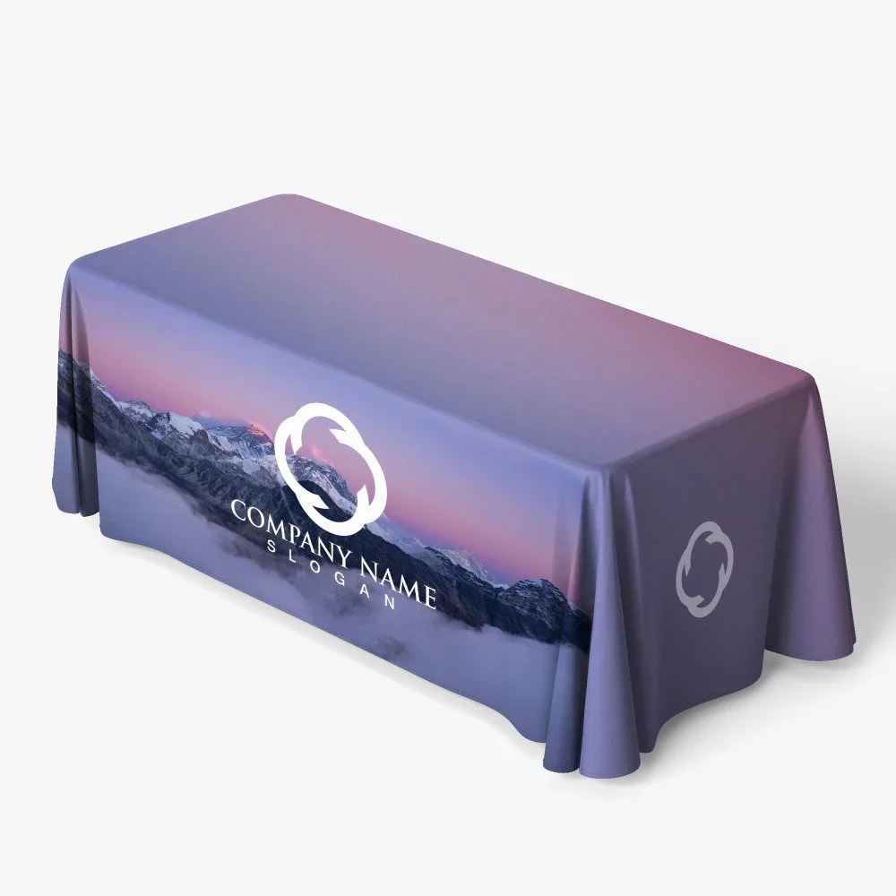 Custom printed 6 ft throw-style table cover with company logo