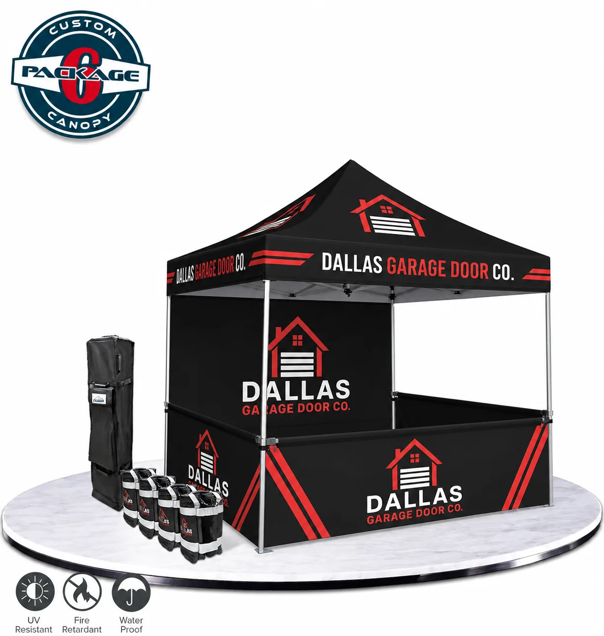 Custom printed 10x10 canopy tent package with backwall, half walls, roller bag and weight bags